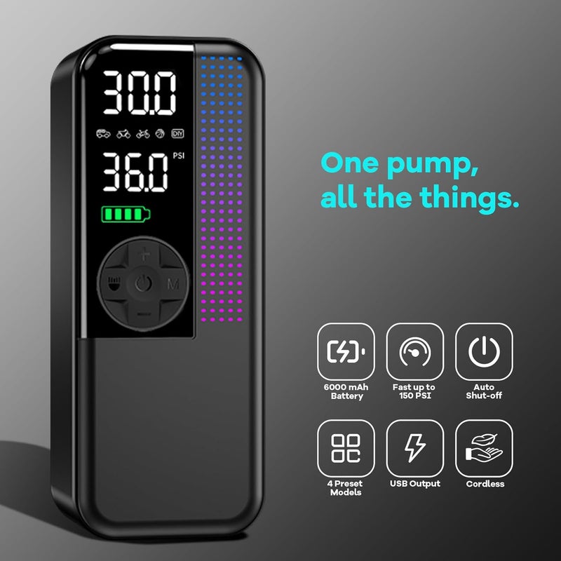 WEOLULI Tire Inflator Portable Air Compressor, 150 PSI Cordless Air Pump, Dual Power 6000mAh, 12V DC Car Plug, Fast Inflation 24L/Min, Auto Shut-Off, LED Light, 4 Preset Modes for Car, Bike, Motorcycle, Balls - Image 2